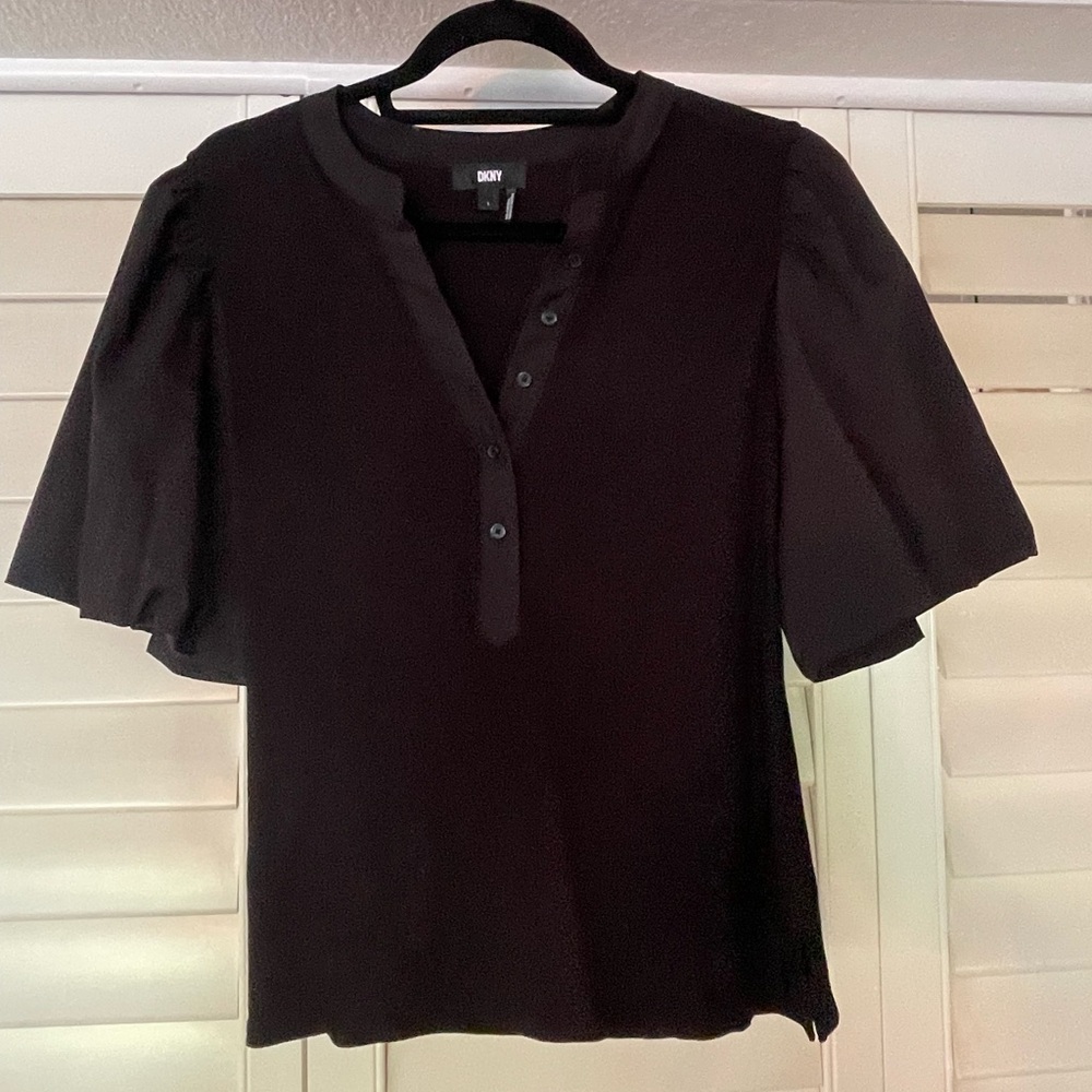 DKNY Women’s L Black Top Blouse Shirt Puff Sleeves Button front Fall Clothing